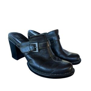Born Women's Size 8 Emme Mule Split Toe Black Leather Heel Clog Slide Shoes